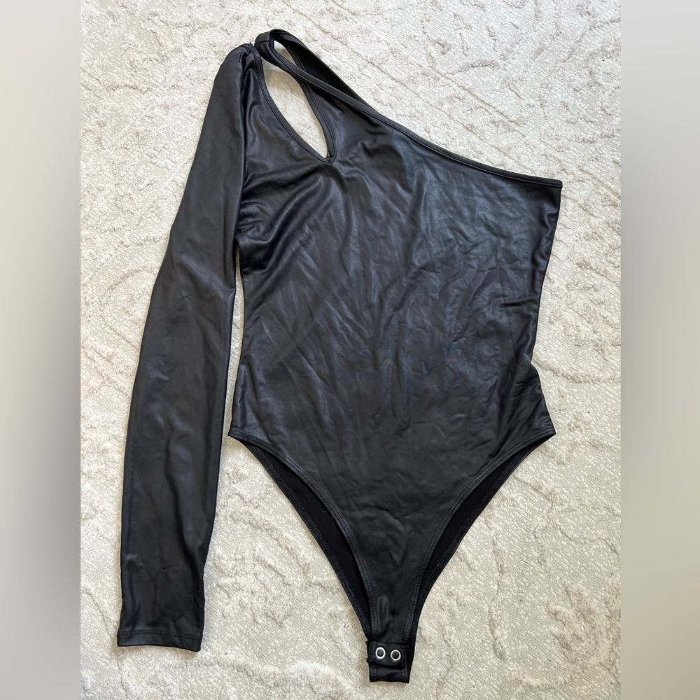 faux leather one sleeve bodysuit